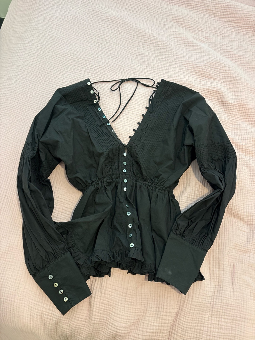 Black Button-Front Peasant Blouse with Smocked Waist